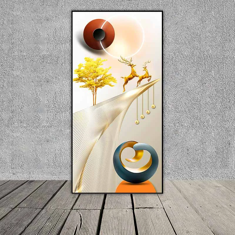 Tranh hai con nai vàng trên con đường và những vật thể trừu tượng