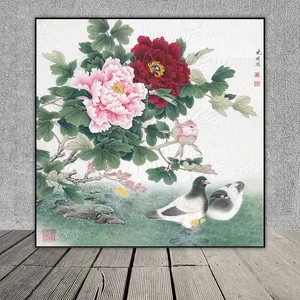 Tranh hoa mẫu đơn và đôi chim bồ câu