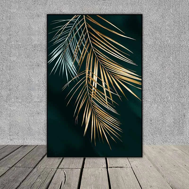 Tranh lá cây nhiệt đới màu vàng gold trên nền xanh rêu