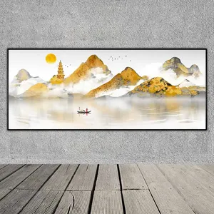 Tranh người đi thuyền trên hồ nước với phong cảnh đồi núi vàng và chùa tháp