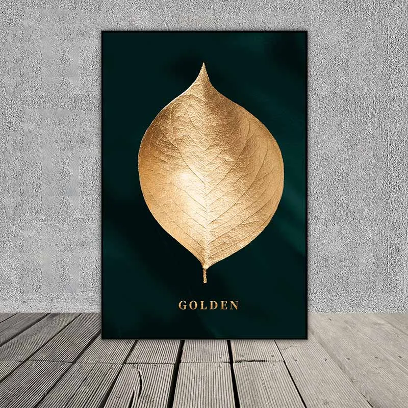 Tranh lá cây nhiệt đới màu vàng gold trên nền xanh rêu