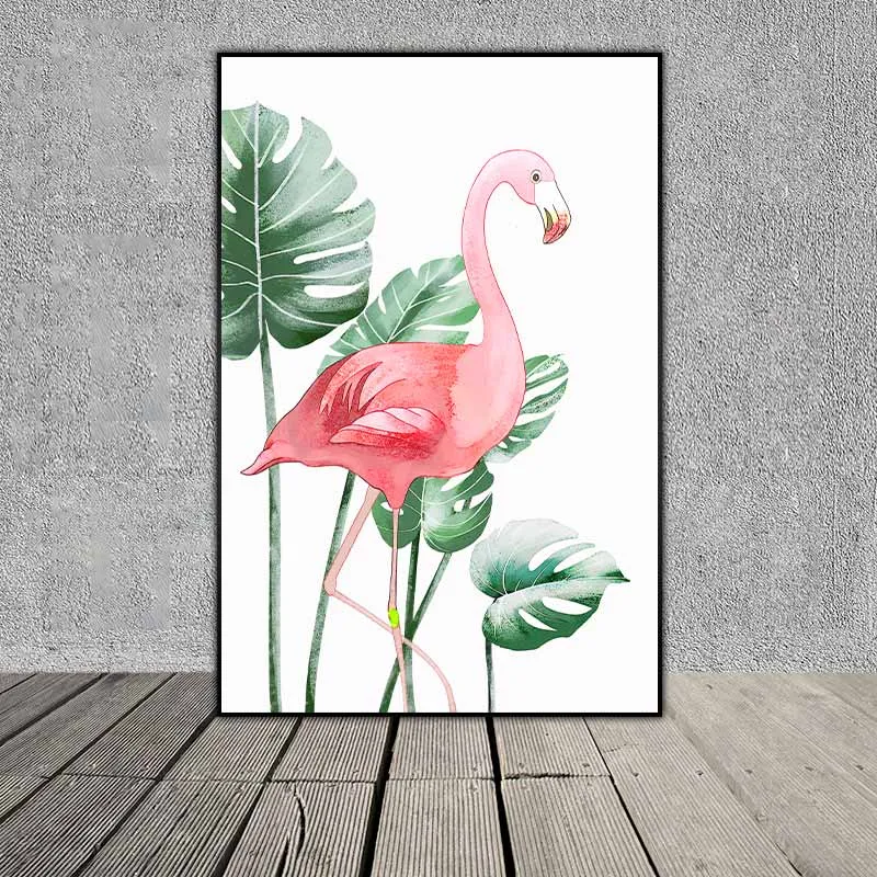 Tranh chim hồng hạc và lá cây nhiệt đới lá trầu bà lá Monstera