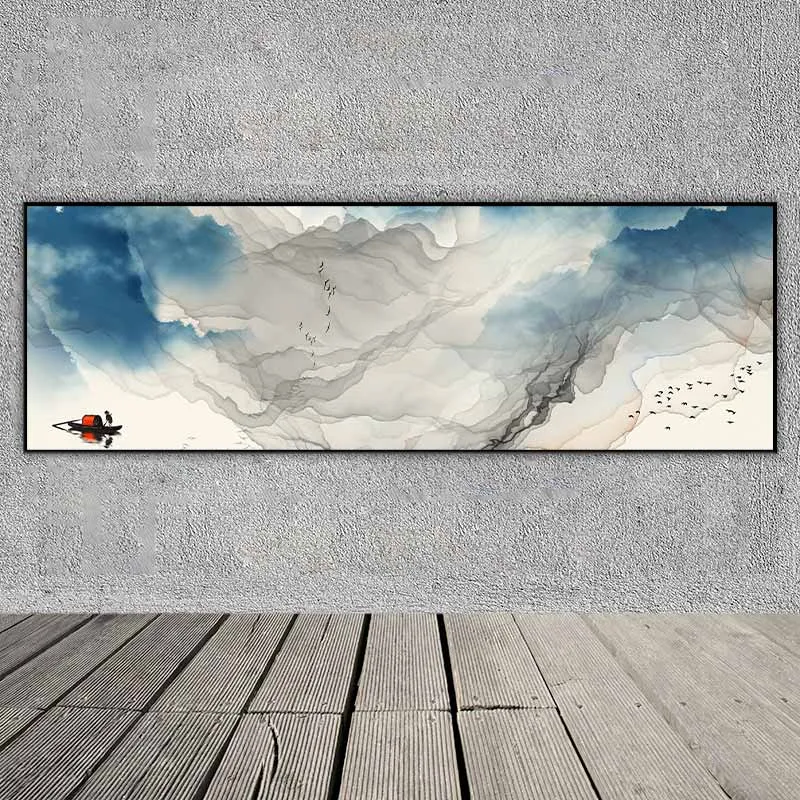 Tranh sơn thủy con thuyền trên dòng sông trừu tượng