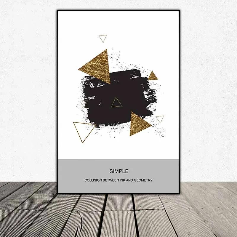 Tranh trừu tượng vết mực đen và các hình tròn, hình tam giác, tranh trừu tượng táo bạo các khối hình học