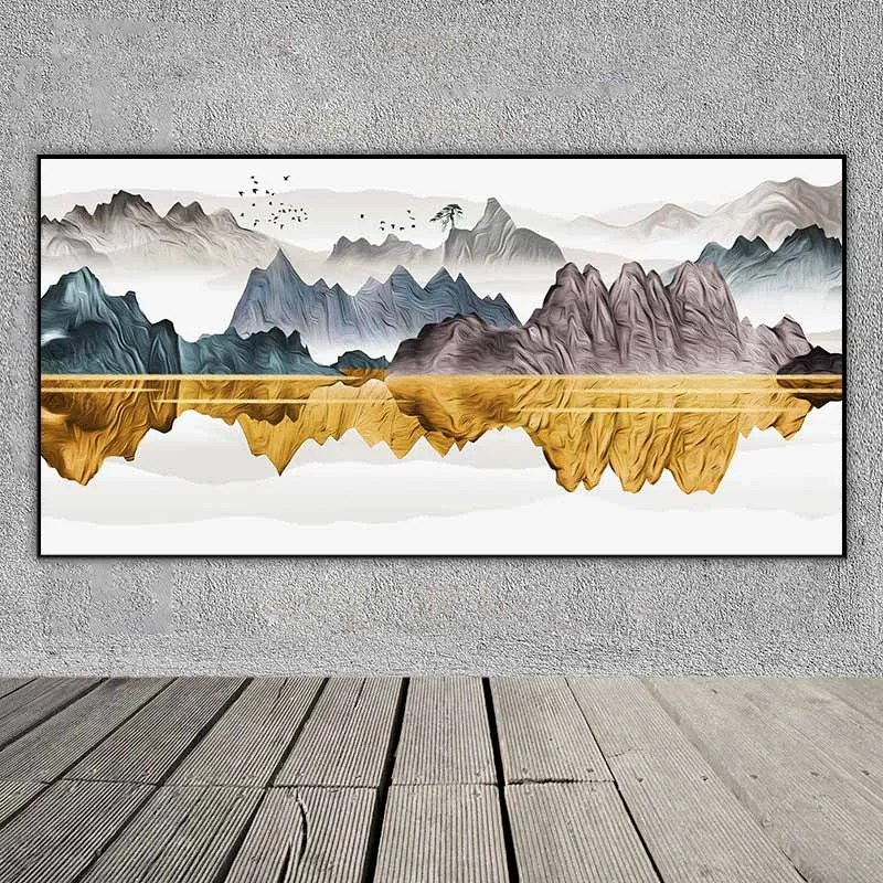 Tranh phong cảnh đồi núi và hồ nước trừu tượng