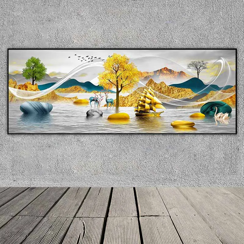 Tranh phong thủy thuyền buồm vàng, đồi núi vàng, hươu nai, những tảng đá phong thủy và thiên nga
