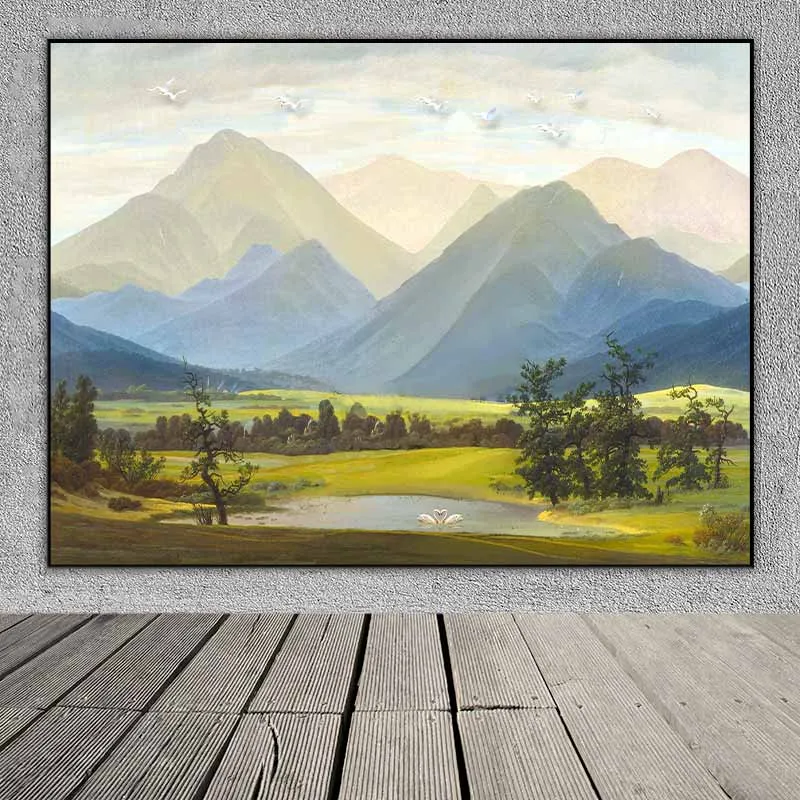 Tranh phong cảnh đồi núi và rừng cây với gia đình hươu nai và đôi chim thiên nga