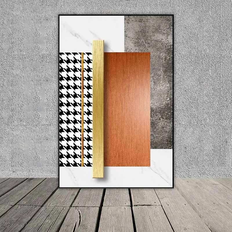 Tranh trừu tượng và cô gái mặc váy dài màu cam