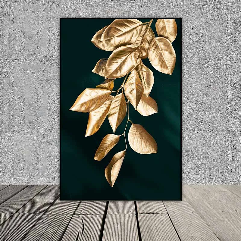 Tranh lá cây nhiệt đới màu vàng gold trên nền xanh rêu
