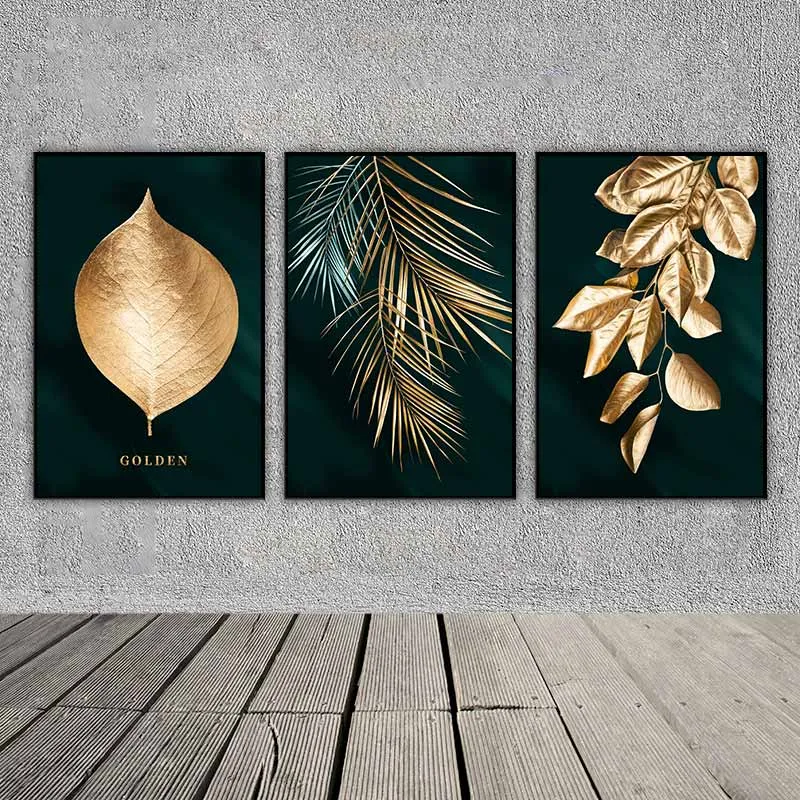 Tranh lá cây nhiệt đới màu vàng gold trên nền xanh rêu