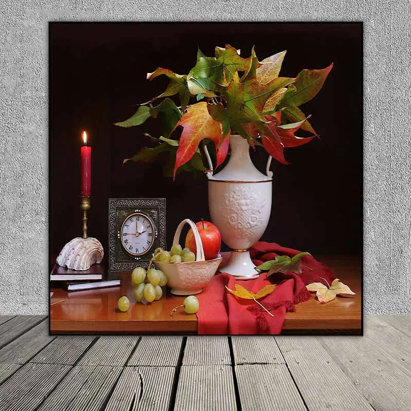 Tranh tĩnh vật trái cây và bình hoa hồng