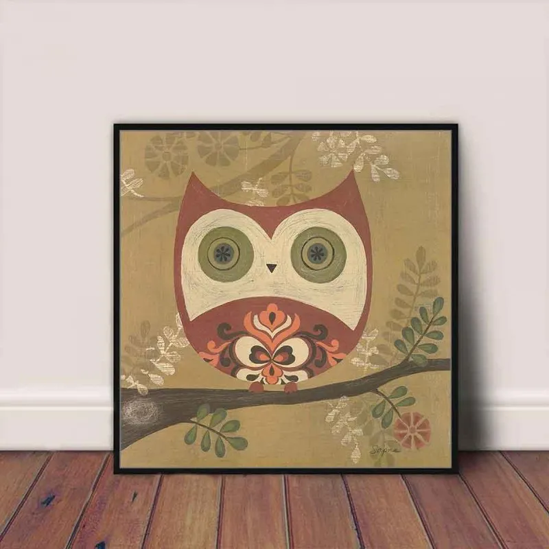 Tranh canvas chim cú dễ thương treo phòng trẻ em