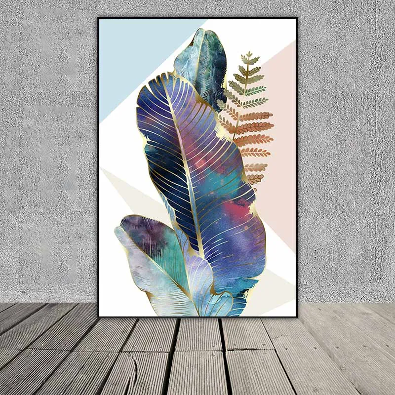 Tranh lá cây nhiệt đới và các đường nét màu vàng gold hiện đại