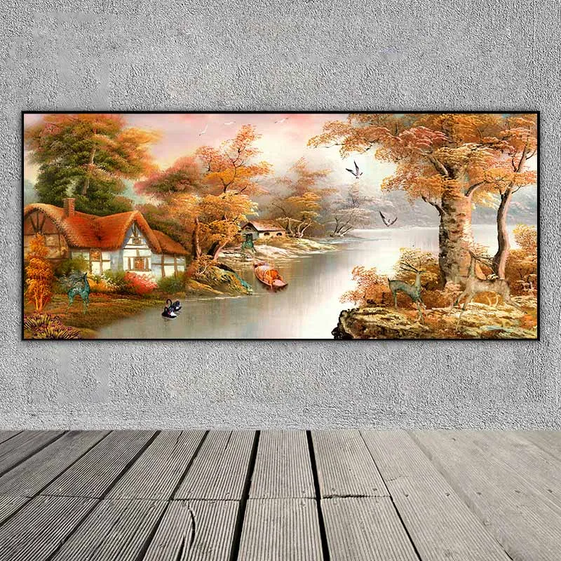 Tranh phong cảnh làng quê, dòng sông và con thuyền