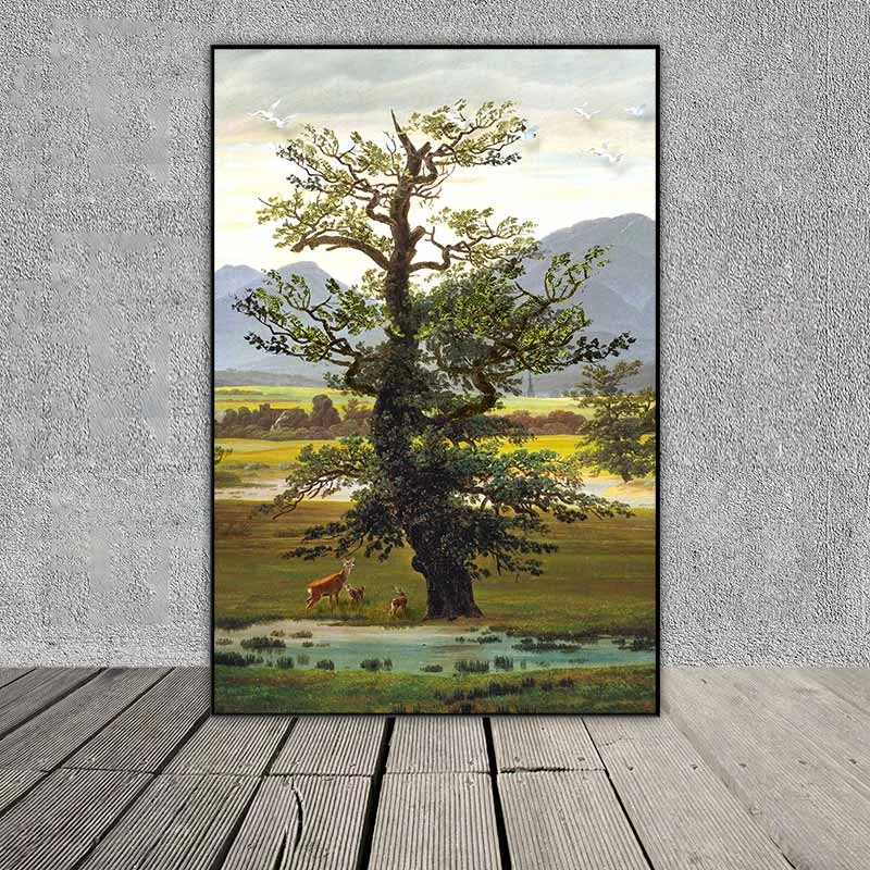 Tranh phong cảnh đồi núi và rừng cây với gia đình hươu nai và đôi chim thiên nga