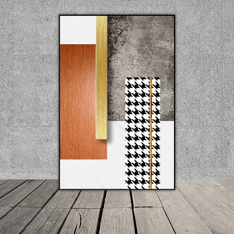 Tranh trừu tượng và cô gái mặc váy dài màu cam