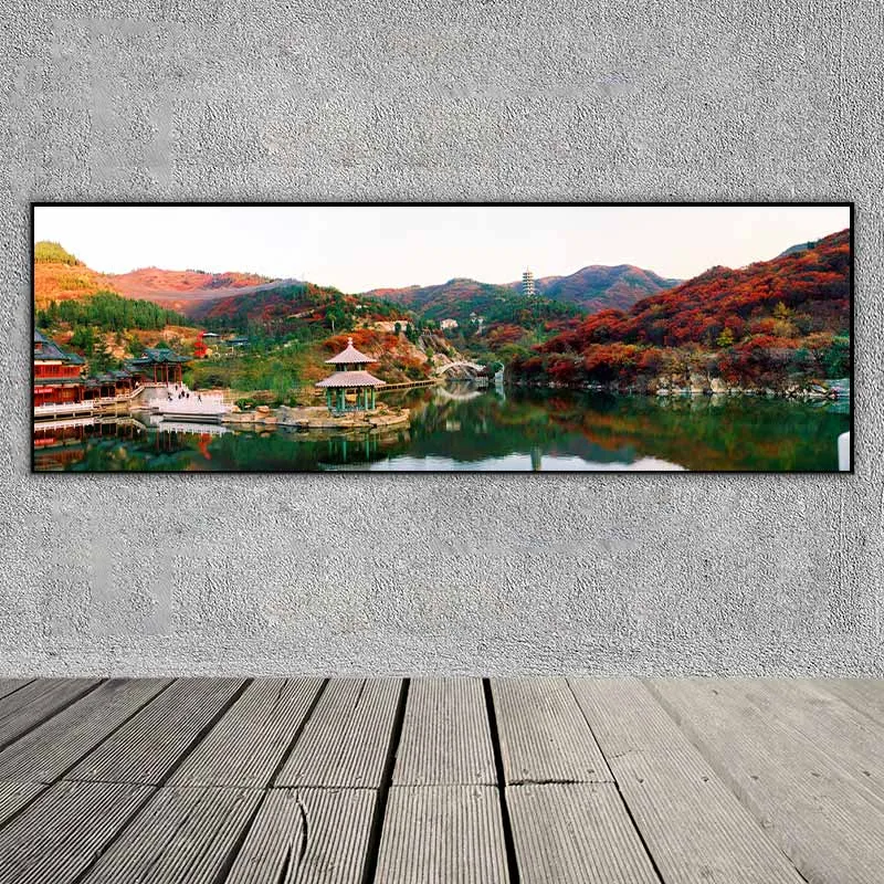 Tranh mùa thu với phong cảnh hồ nước