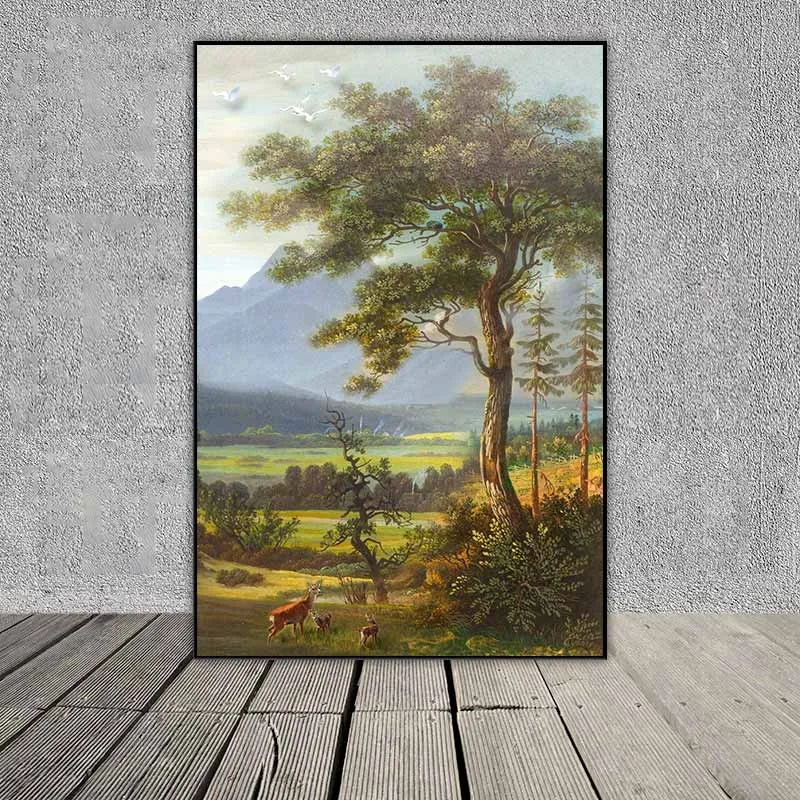 Tranh phong cảnh đồi núi và rừng cây với gia đình hươu nai và đôi chim thiên nga