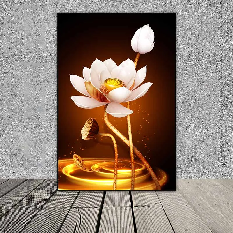 Tranh hoa sen trắng và lá sen màu vàng kim