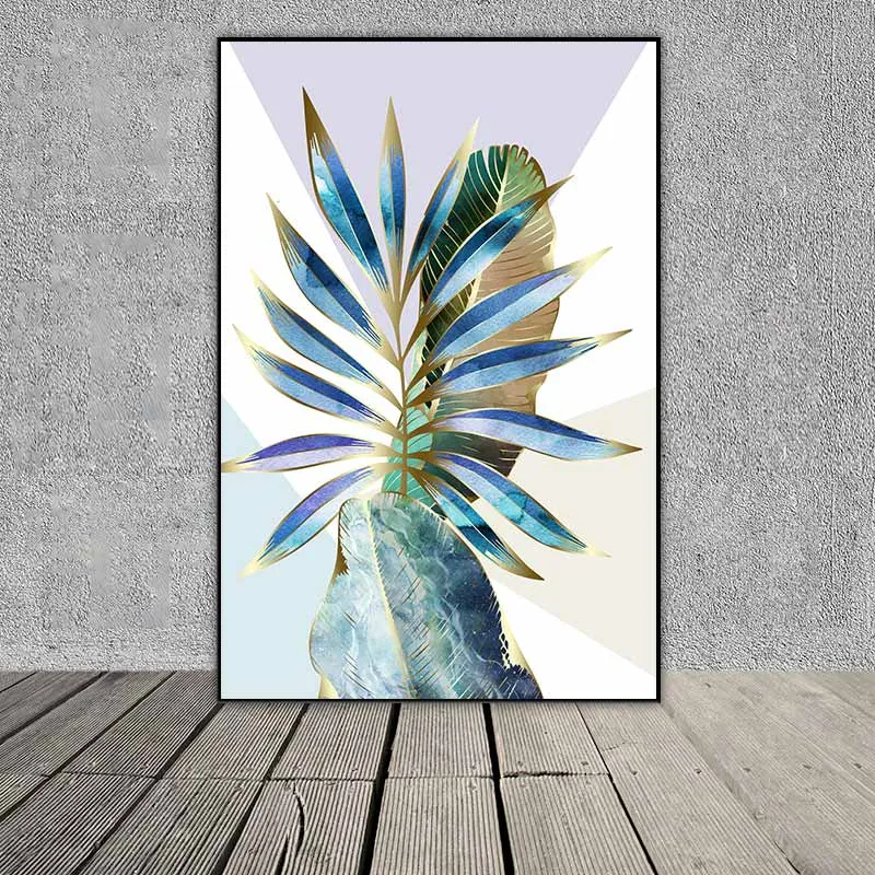 Tranh lá cây nhiệt đới và các đường nét màu vàng gold hiện đại