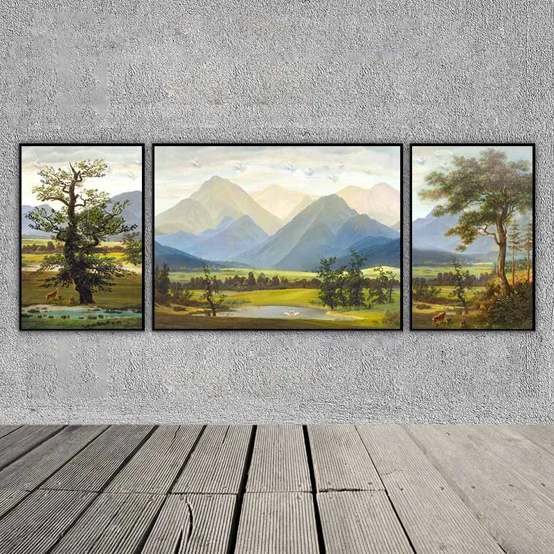 Tranh phong cảnh đồi núi và rừng cây với gia đình hươu nai và đôi chim thiên nga