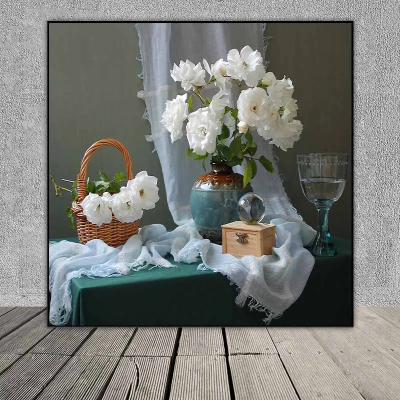 Tranh tĩnh vật trái cây và bình hoa hồng