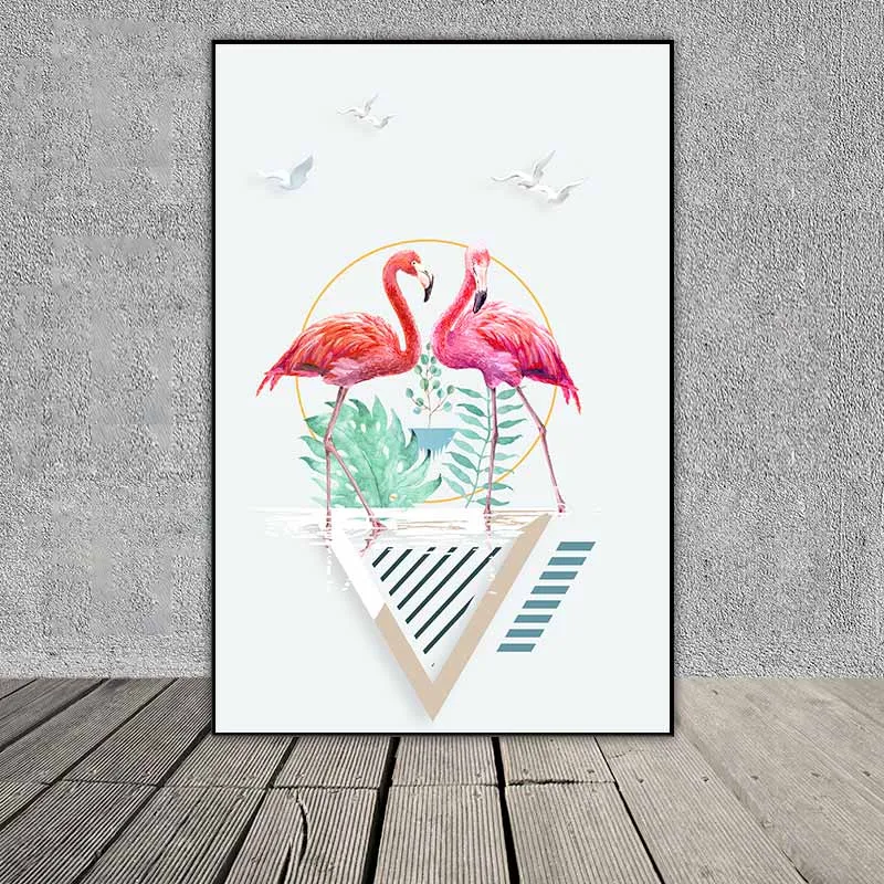 Chim hồng hạc, lá cây nhiệt đới và các hình tam giác