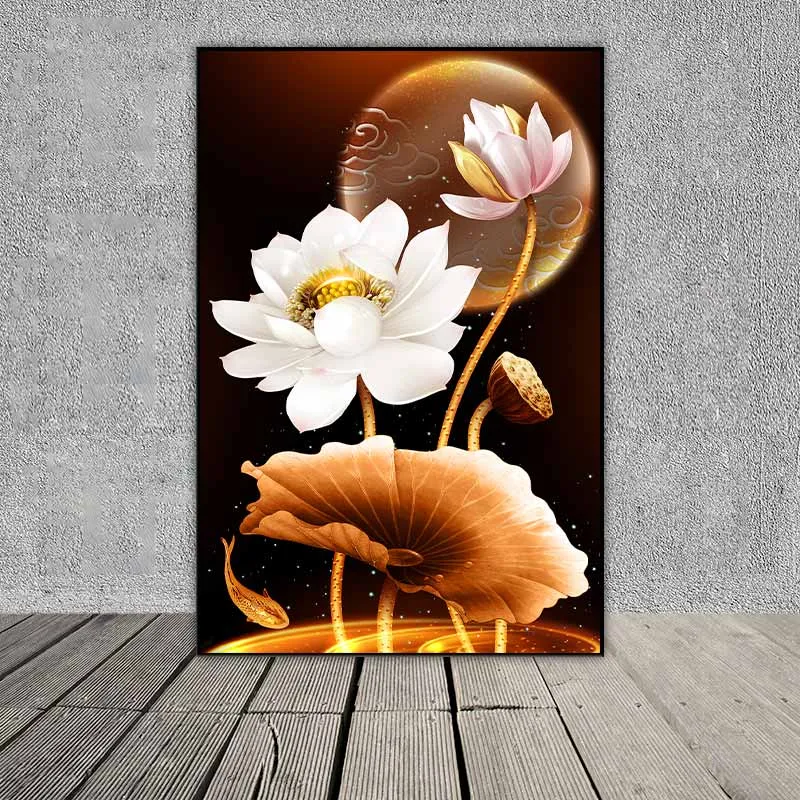 Tranh hoa sen trắng và lá sen màu vàng kim