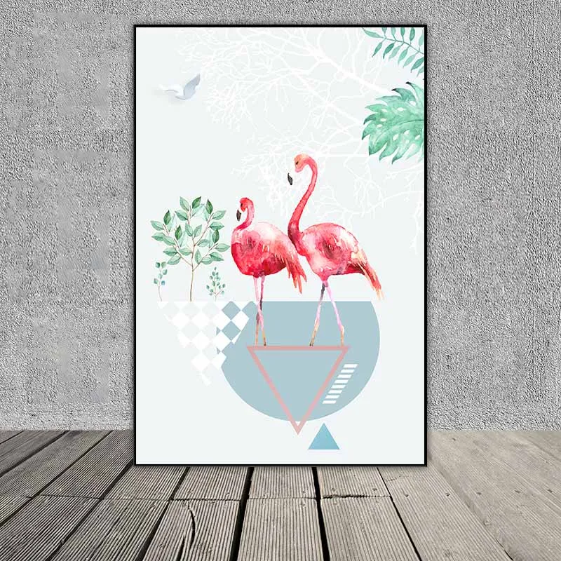 Chim hồng hạc, lá cây nhiệt đới và các hình tam giác