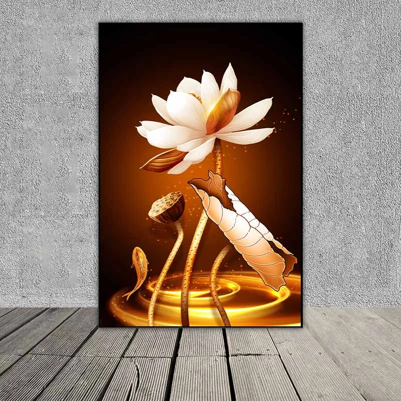 Tranh hoa sen trắng và lá sen màu vàng kim