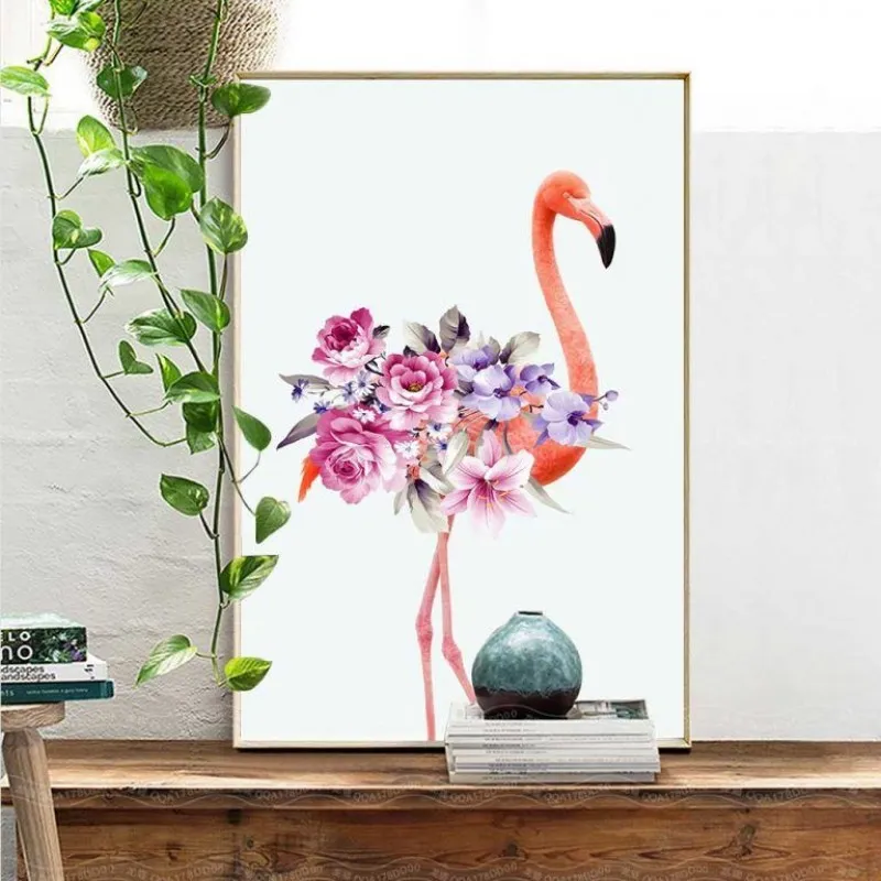 Tranh hồng hạc. hoa hồng và lá dương xỉ