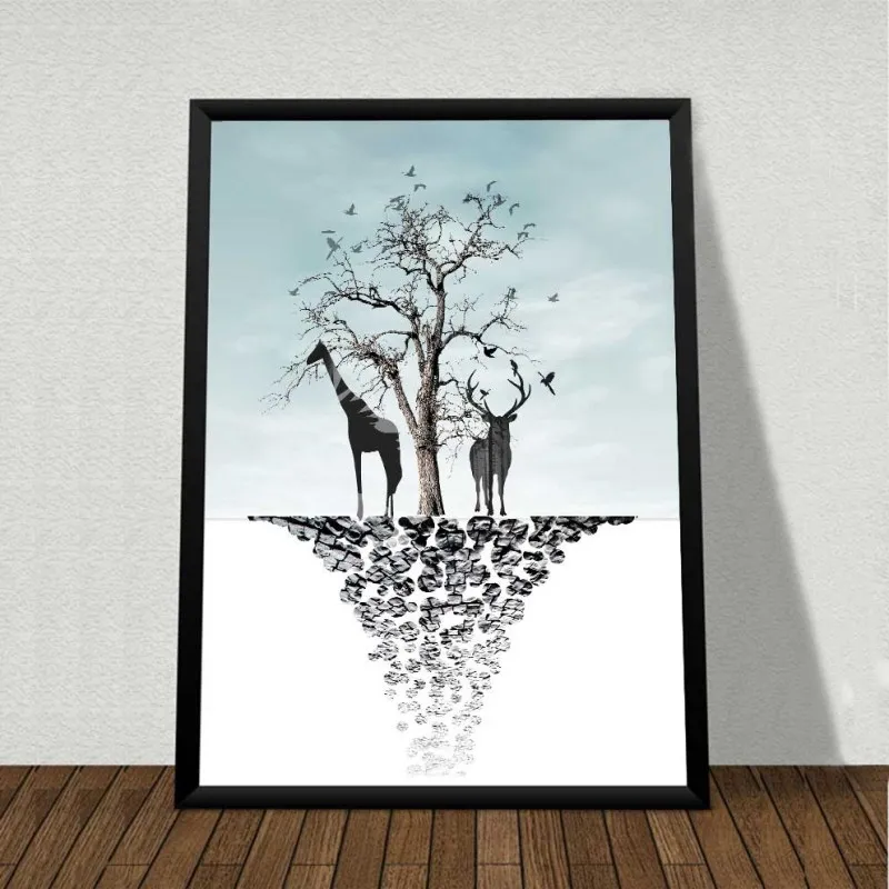 Tranh Nai và Hươu cao cổ đứng dưới cây khô