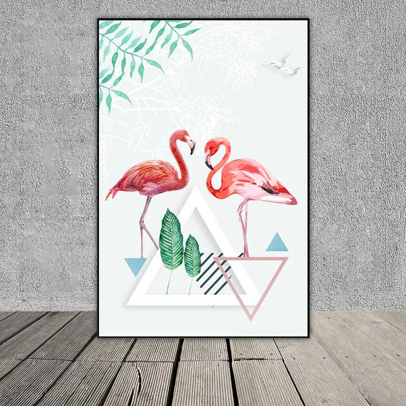 Chim hồng hạc, lá cây nhiệt đới và các hình tam giác