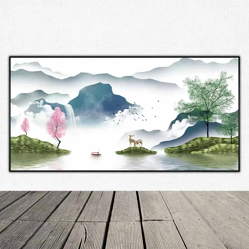Tranh phong cảnh núi đồi hồ nước và hươu nai trừu tượng