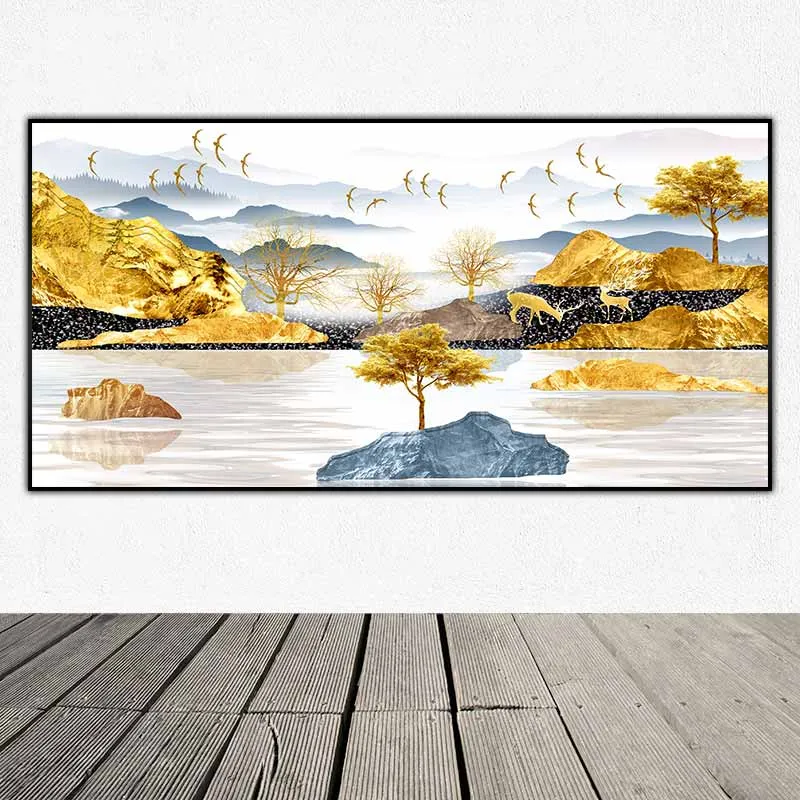 Tranh phong cảnh mặt hồ phẳng lặng, đồi núi màu vàng trừu tượng cùng với cây lá vàng