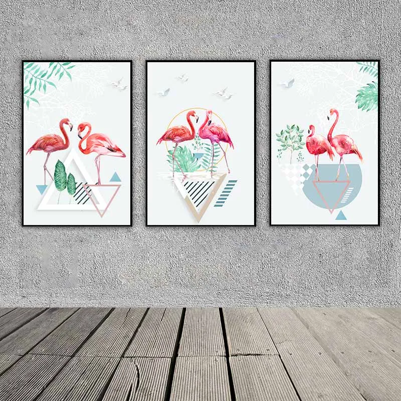 Chim hồng hạc, lá cây nhiệt đới và các hình tam giác