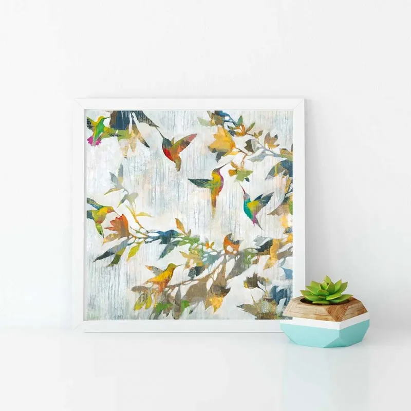 Tranh trừu tượng cá chép, chim ruồi, sóng biển và mây trời