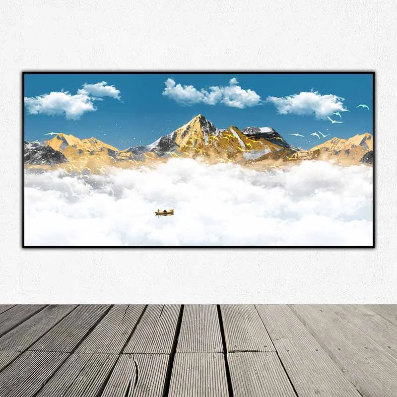 Tranh đồi núi vàng và người chèo thuyền trên dòng sông sương mờ