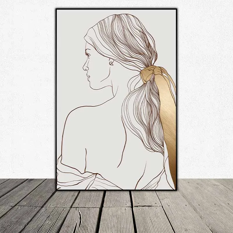 Tranh trừu tượng khối hình lục giác, hình tròn và đường nét cô gái