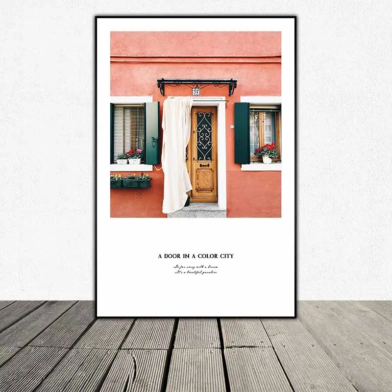 Tranh Bắc Âu chủ đề du lịch xe ô tô phong cảnh biển chữ I want to Travell look world