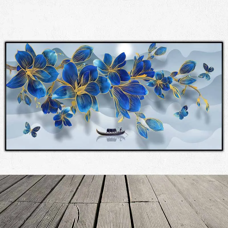 Tranh cành hoa màu xanh và người chèo đò