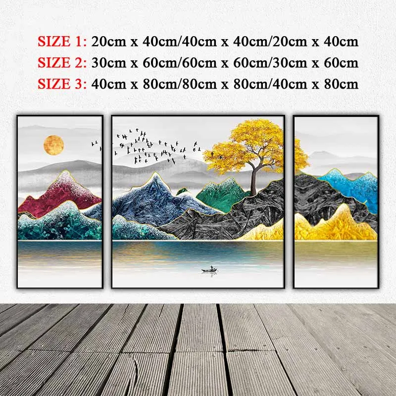 Tranh phong cảnh trừu tượng đồi núi, dòng sông, người chèo thuyền