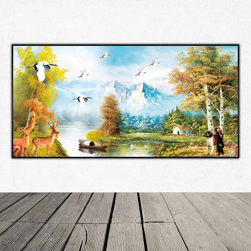 Tranh phong cảnh sơn thủy, hươu nai, đàn chim hạc, con thuyền và đôi thiên nga