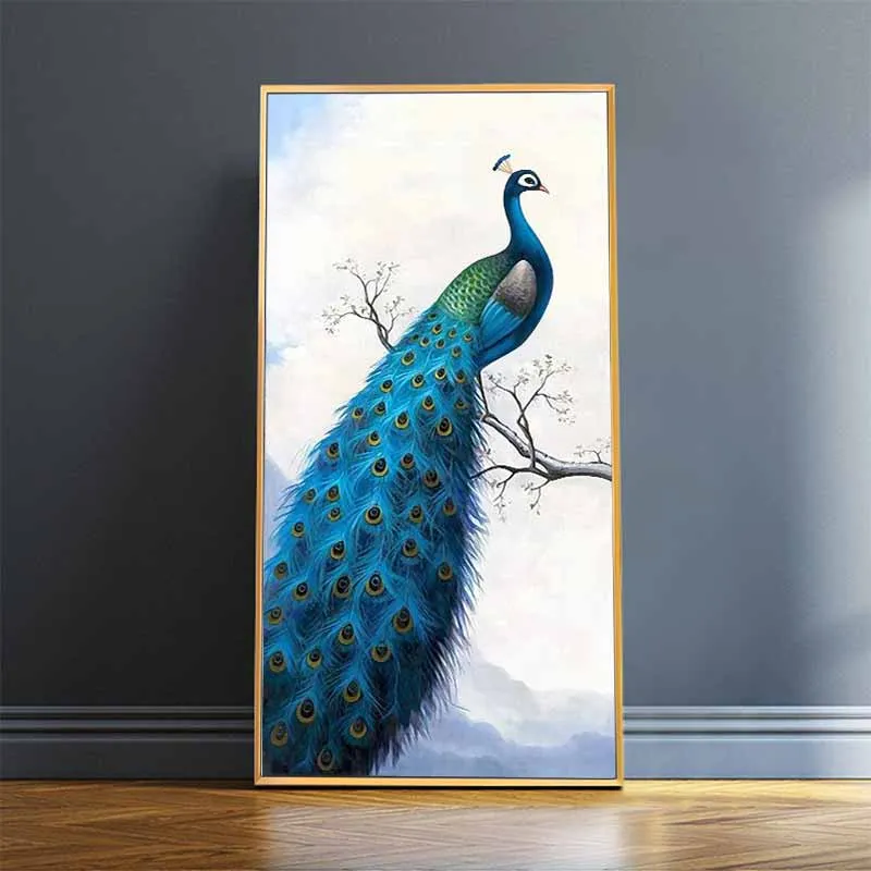 Tranh chim công xanh đứng trên cành cây