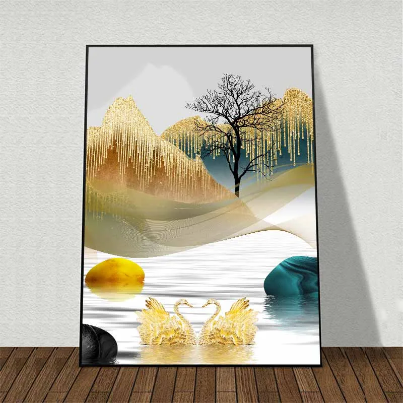 Tranh đàn nai chạy nhảy trên những tảng đá ngọc, đôi thiên nga kim cương và thuyền buồm vàng