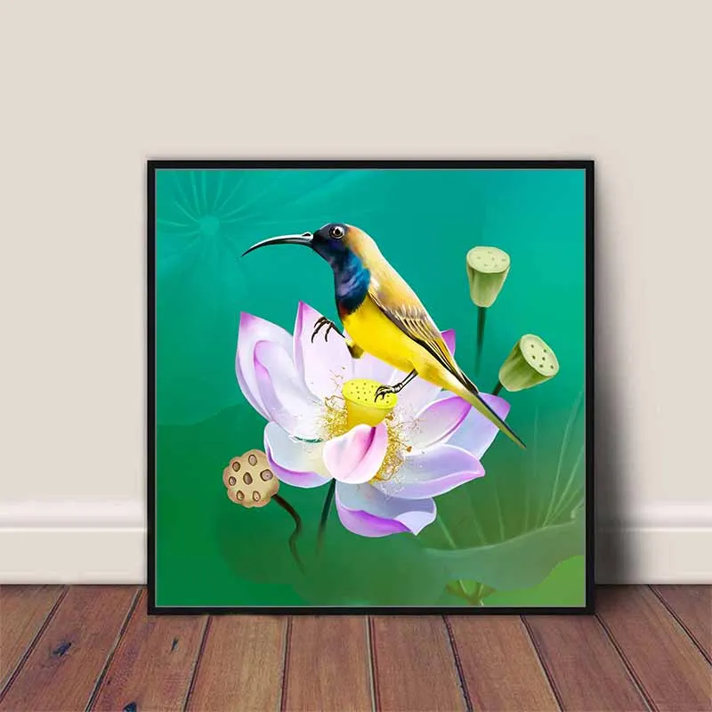 Tranh hoa sen và chim hút mật (chim ruồi)