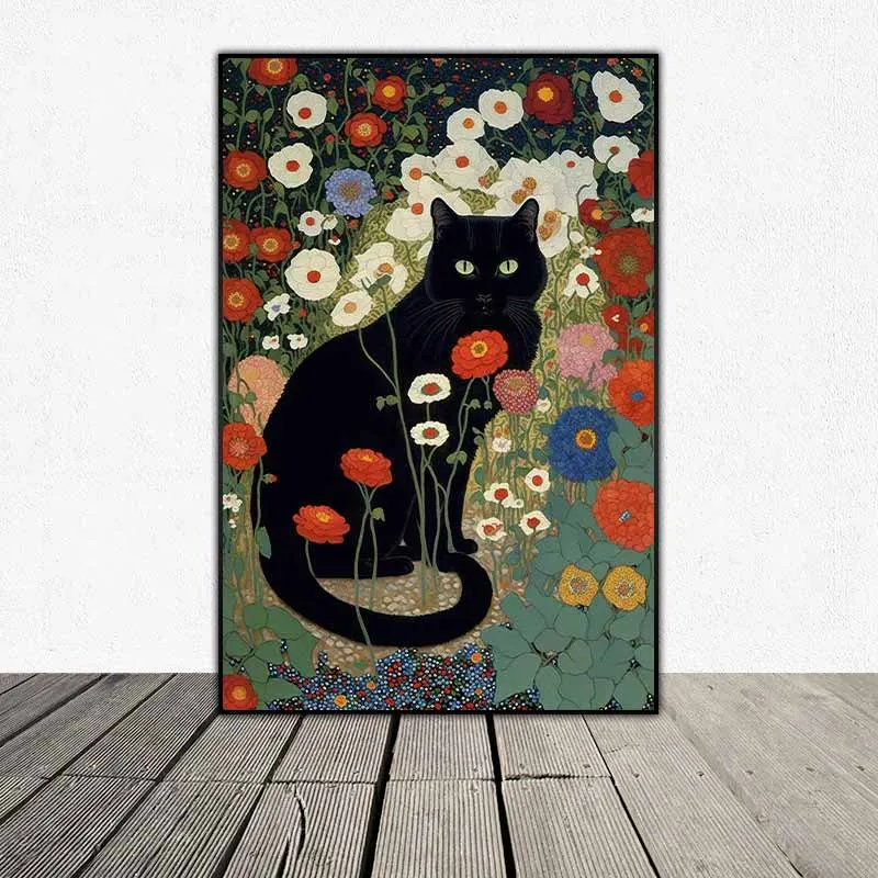 Tranh mèo đen trong vườn hoa nhiều màu sắc