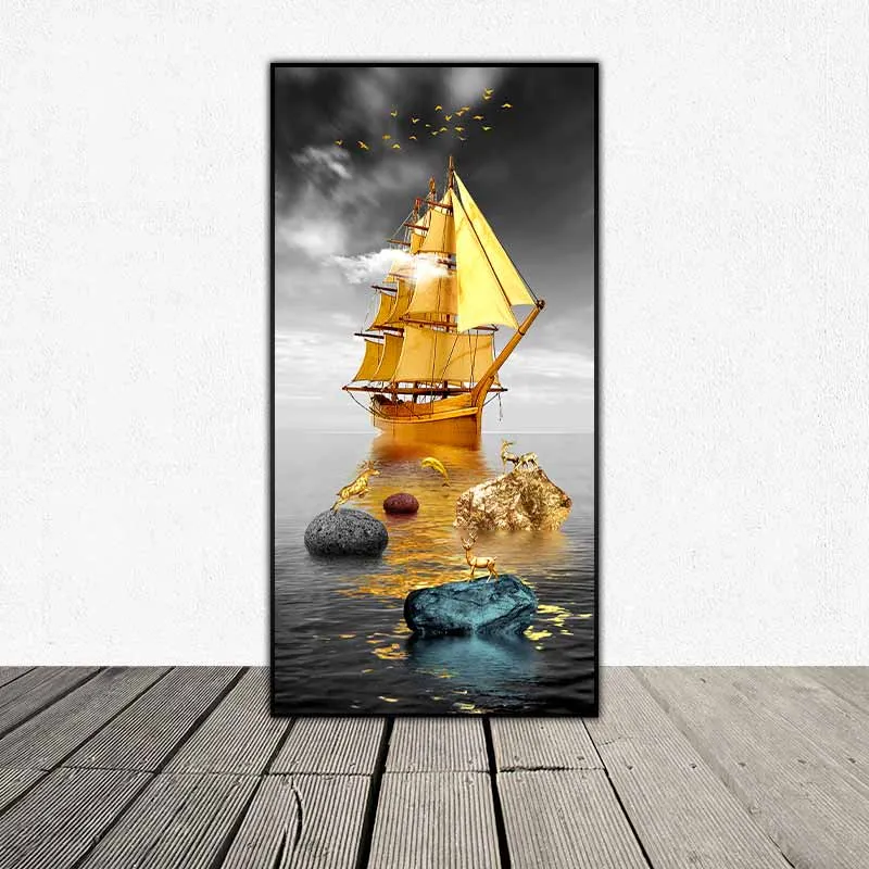 Tranh thuận buồm xuôi gió và đàn nai và cá heo vàng đang vui đùa trên những tảng đá phong thủy