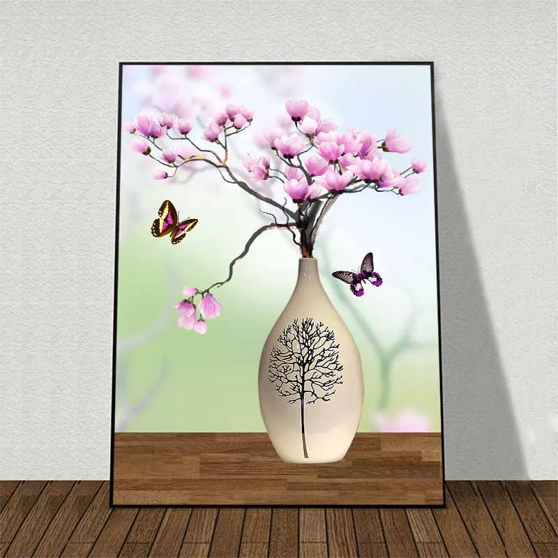 Tranh tĩnh vật bình gốm trắng hoa anh đào và đàn bướm