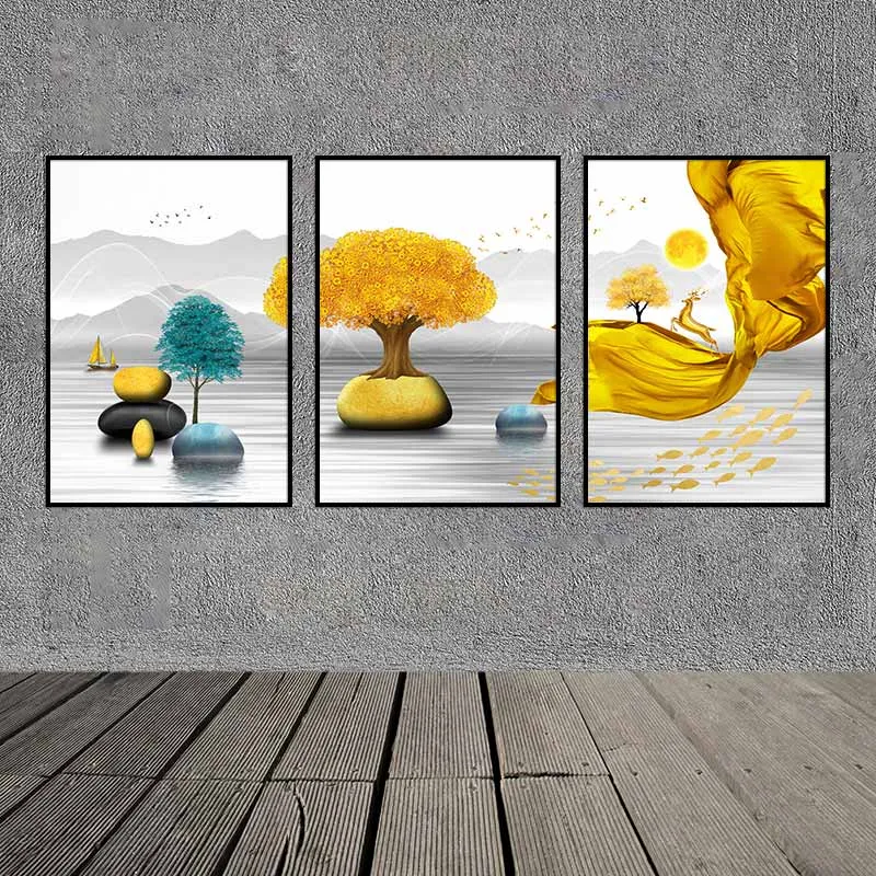 Tranh trừu tượng nai vàng tài lộc và những tảng đá phong thủy